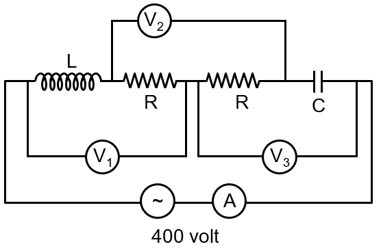 In the circuit shown, the reading of voltmeters V1 and V3 are 300 volt ...