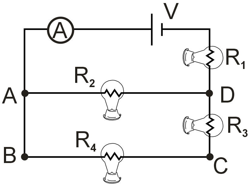 The circuit shown has an ideal ammeter with zero resistance and four