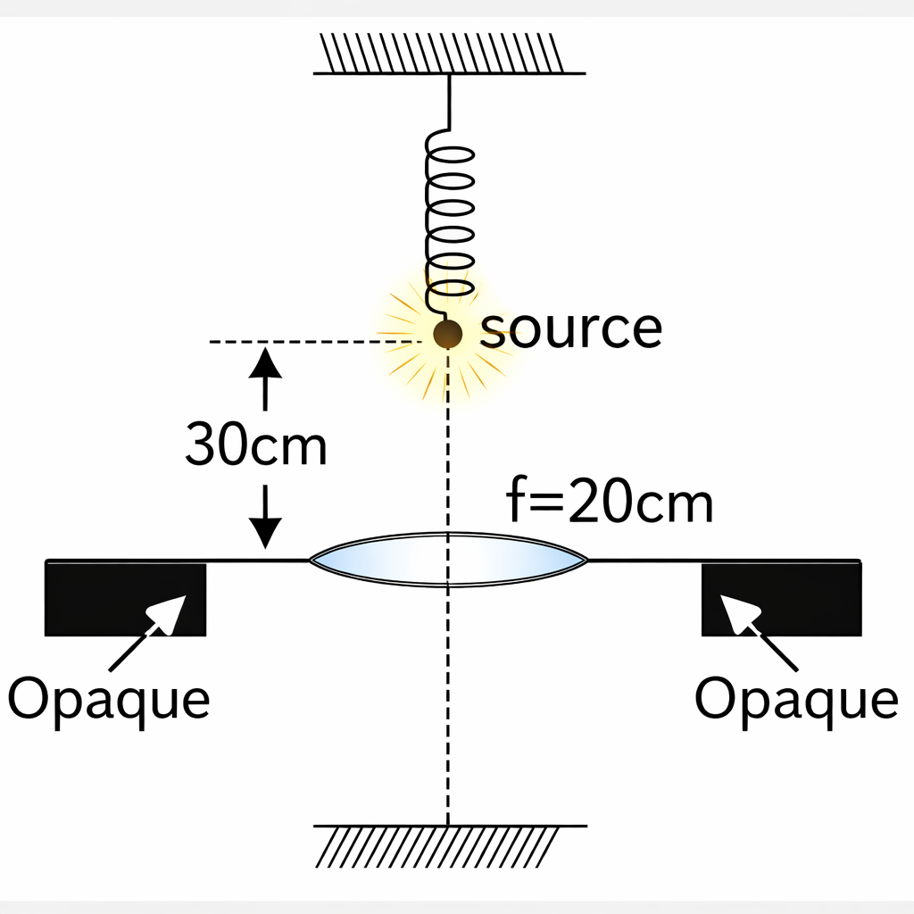 A point source of light is hanging from a spring in equilibrium as ...